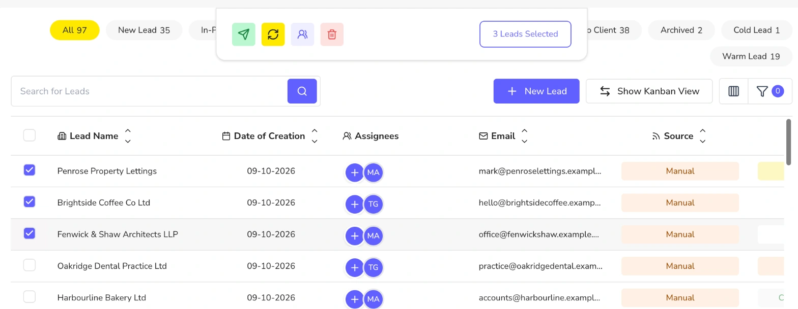 Bulk action bar with email action for three selected leads
