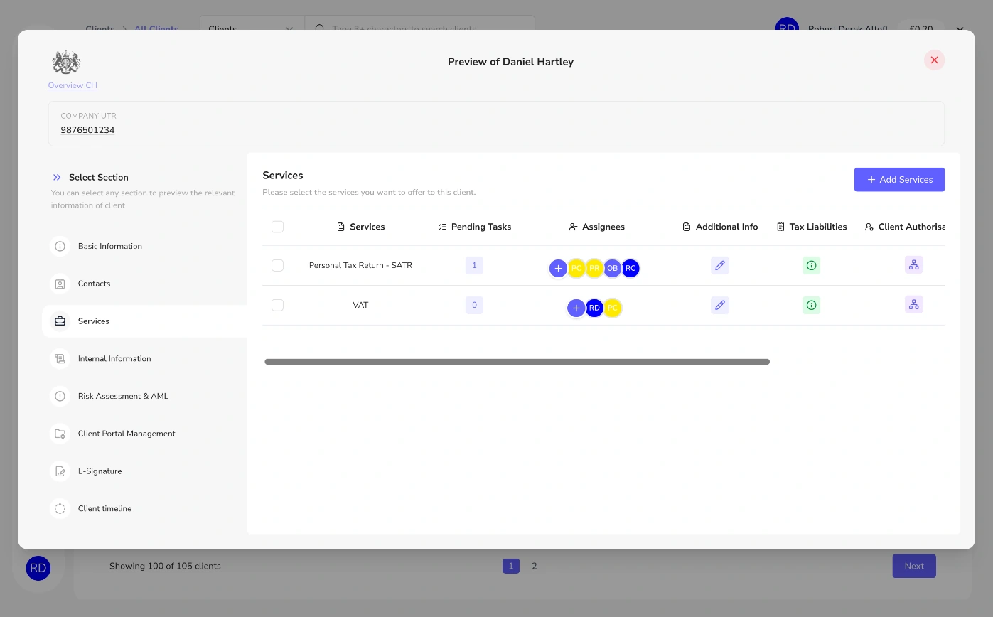Add and delete multiple services in Remindoo: Client services with tax liabilities and client authorisation icons