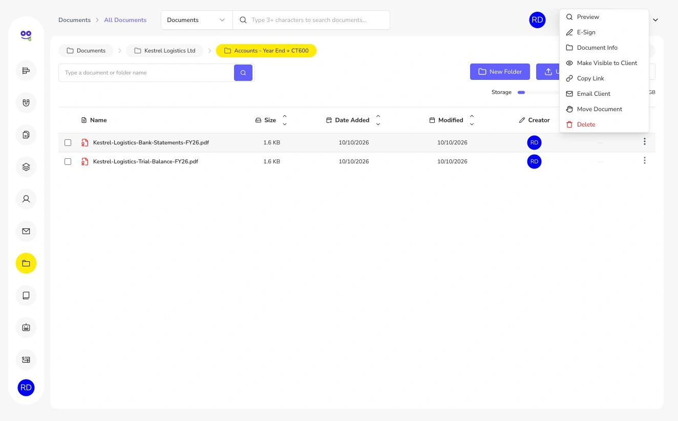 Document actions menu with preview, e-sign, visibility, copy link, email client and move