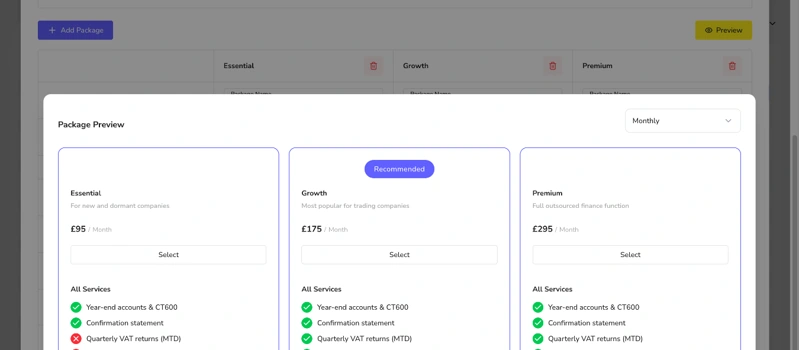 Tiered accounting packages Essential, Growth and Premium with monthly prices and included services