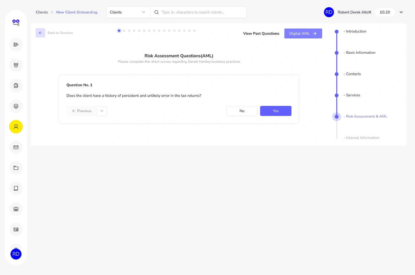 AML risk assessment question with yes and no buttons