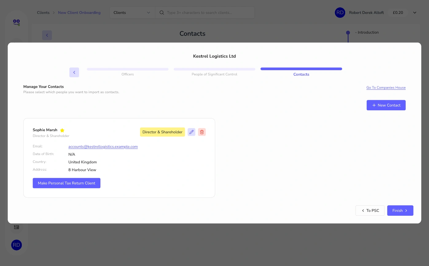 Contacts step with director and shareholder card and make personal tax return client button