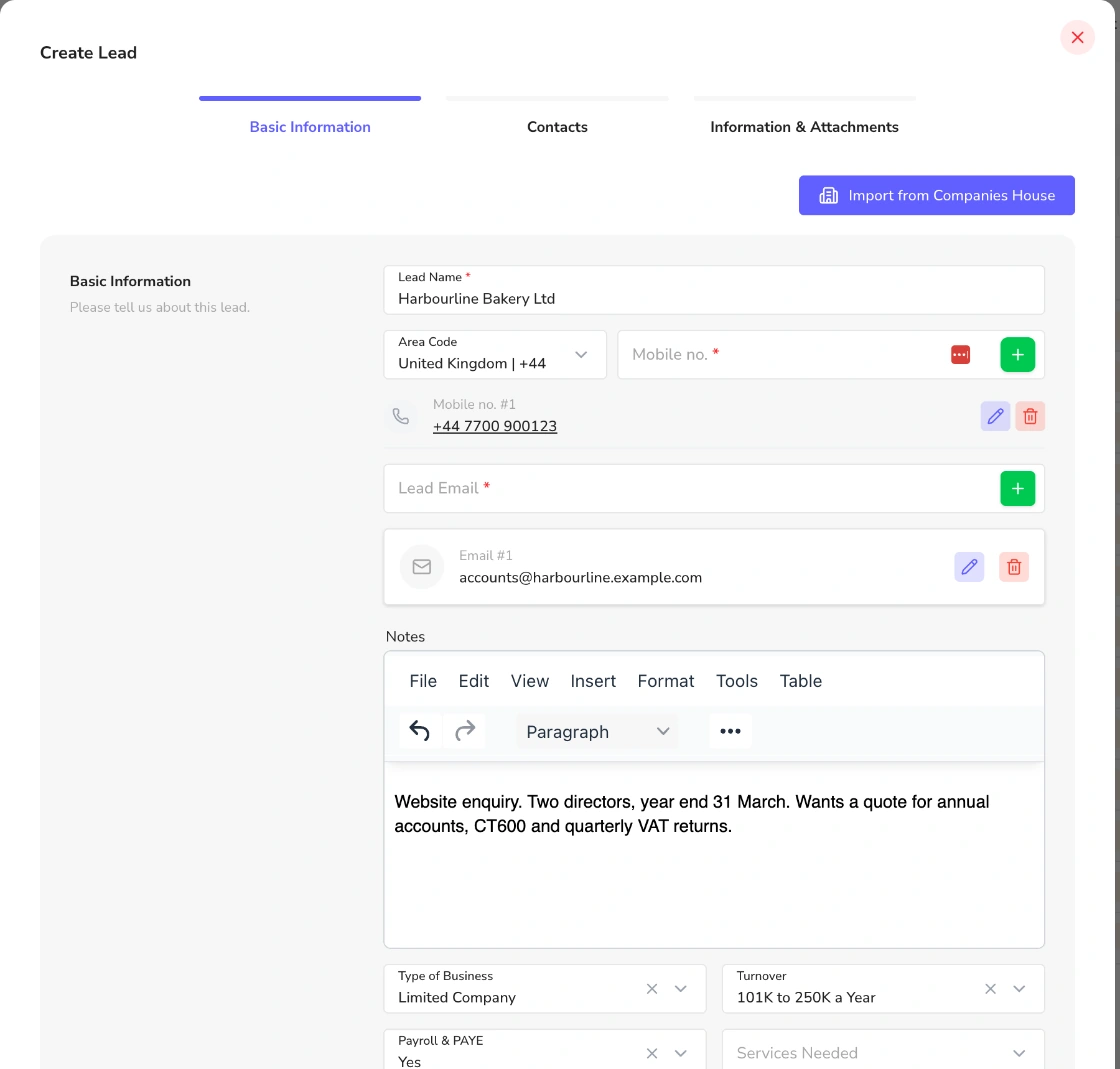 Create Lead form step one with lead name, saved mobile number and email, notes, type of business, turnover and payroll fields