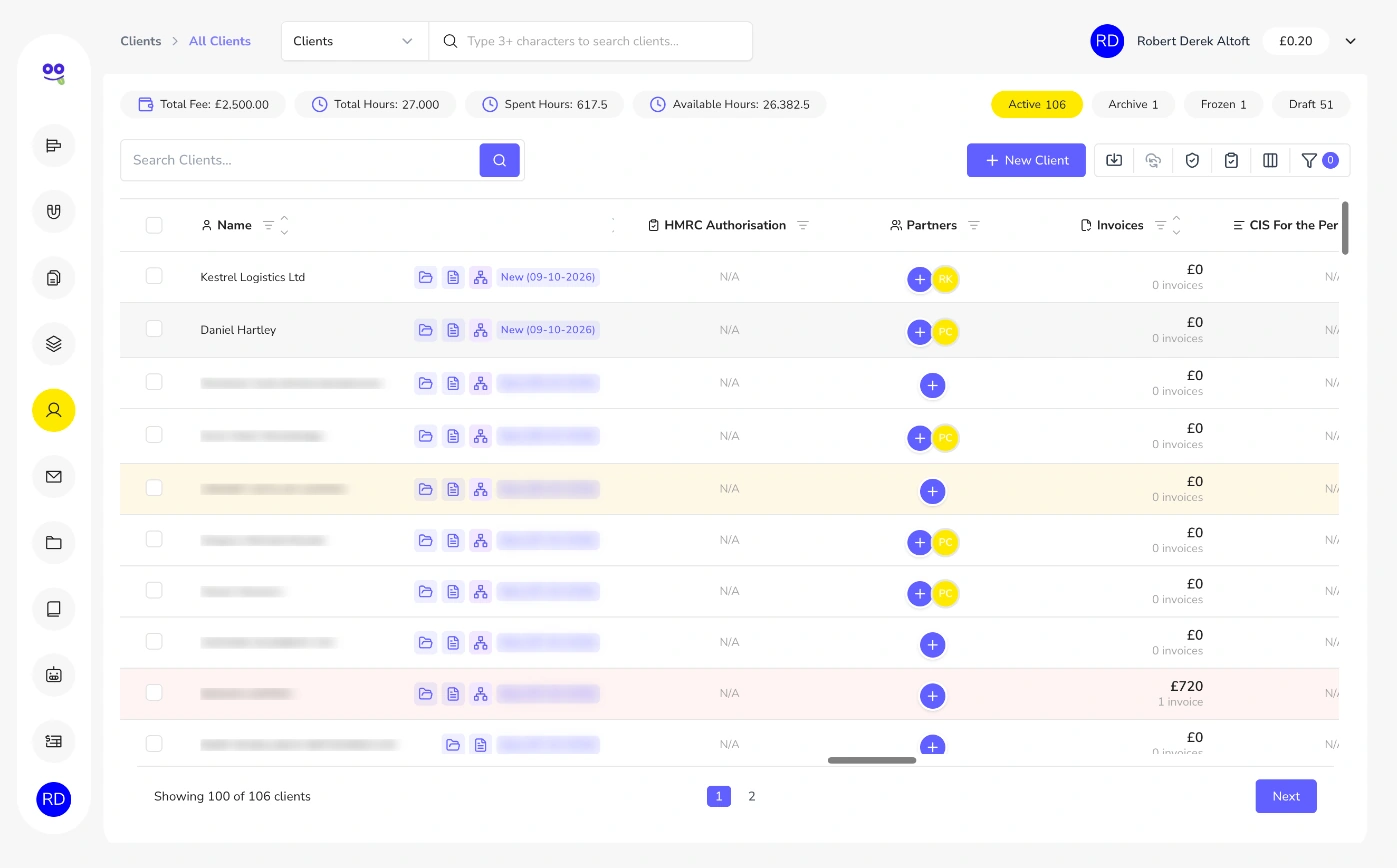 Clients table columns for HMRC authorisation, partners and invoices