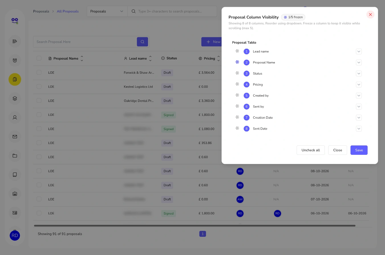 Proposal column visibility panel listing lead name, proposal name, status, pricing, created by, sent by, creation date and sent date