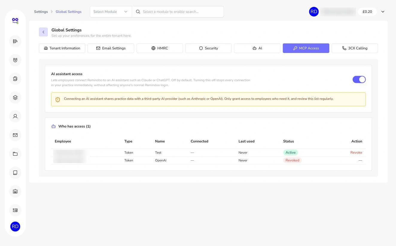 MCP AI assistant access toggle and access list