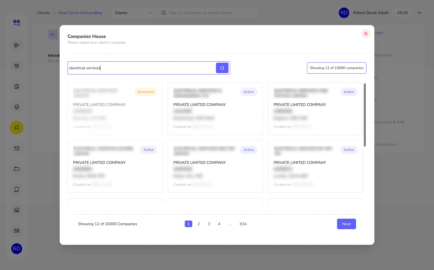 Companies House search results during client creation