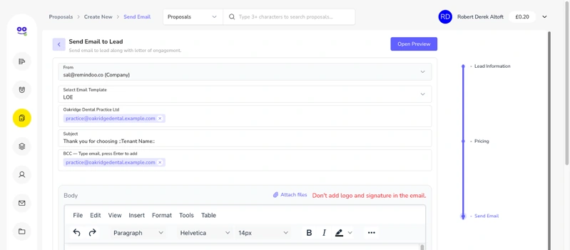 Send email to lead step with from address, email template, recipient, subject, BCC and email body explaining how to sign