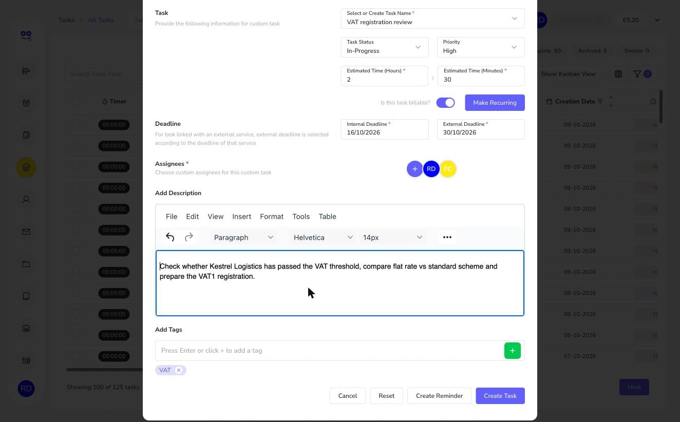 Task description editor with VAT tag and Create Task and Create Reminder buttons