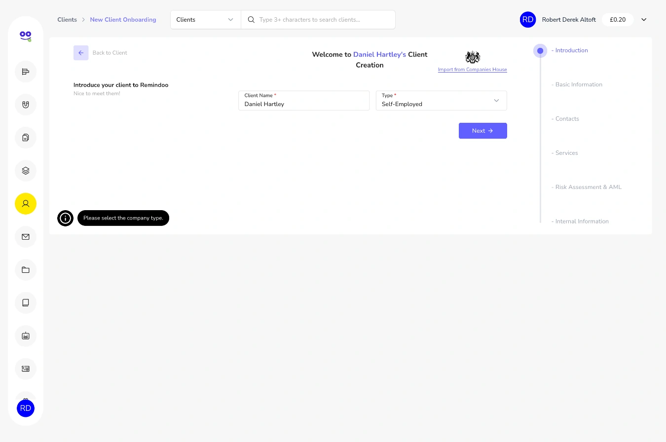New client introduction with client name and self-employed type