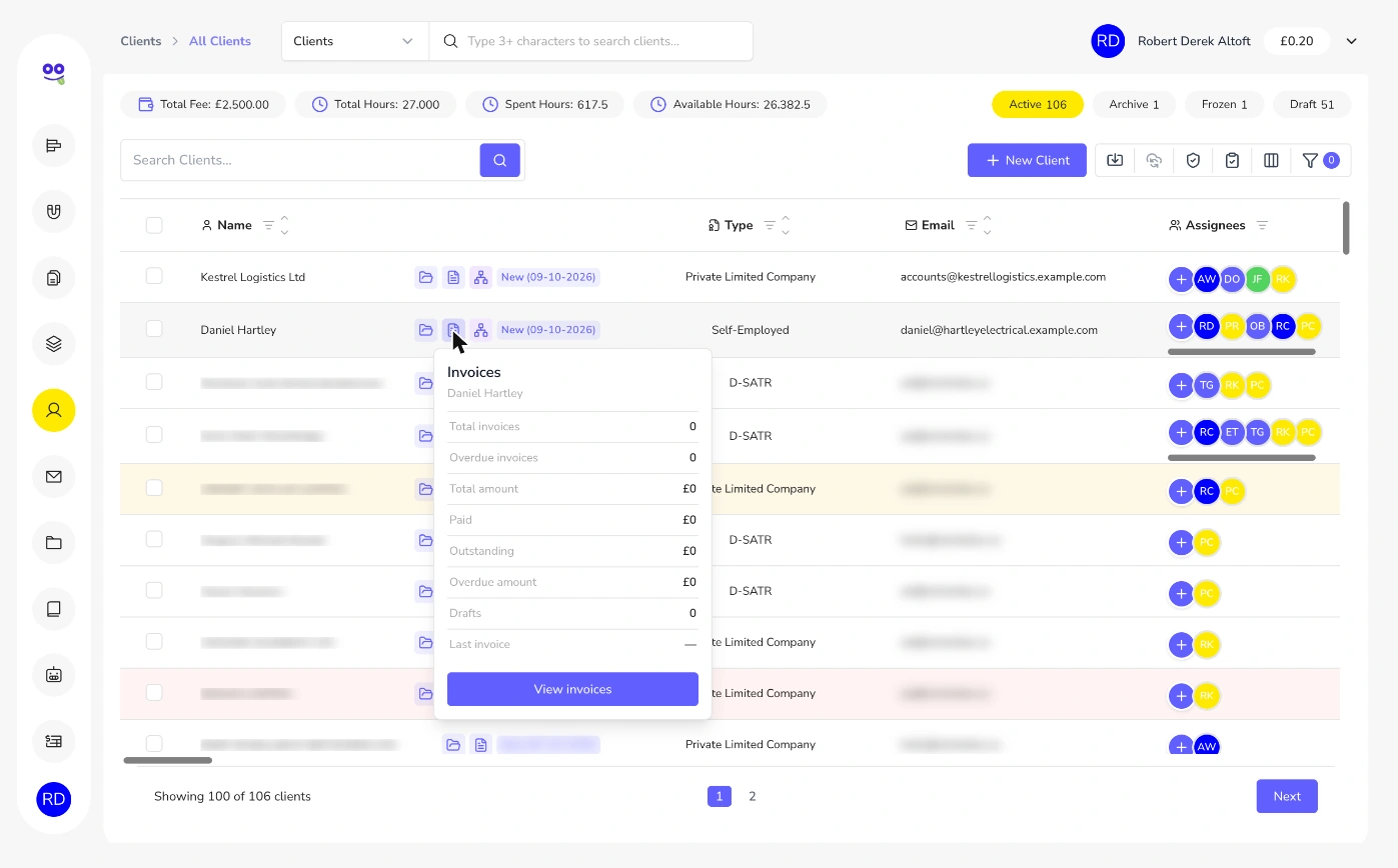 Client invoices popover with totals, paid, outstanding and overdue