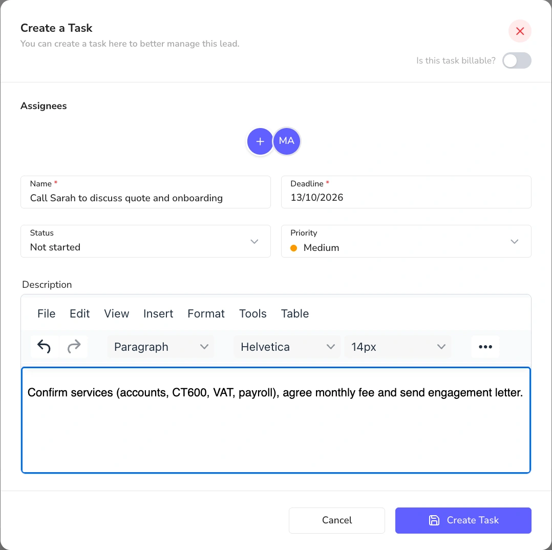 Create a task dialog for a lead with assignee, task name, deadline, status, priority and description