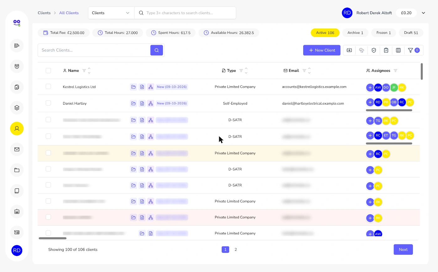 Remindoo clients list for an accounting firm with total fee, total hours, spent and available hours, status tabs, client type, email and assignees