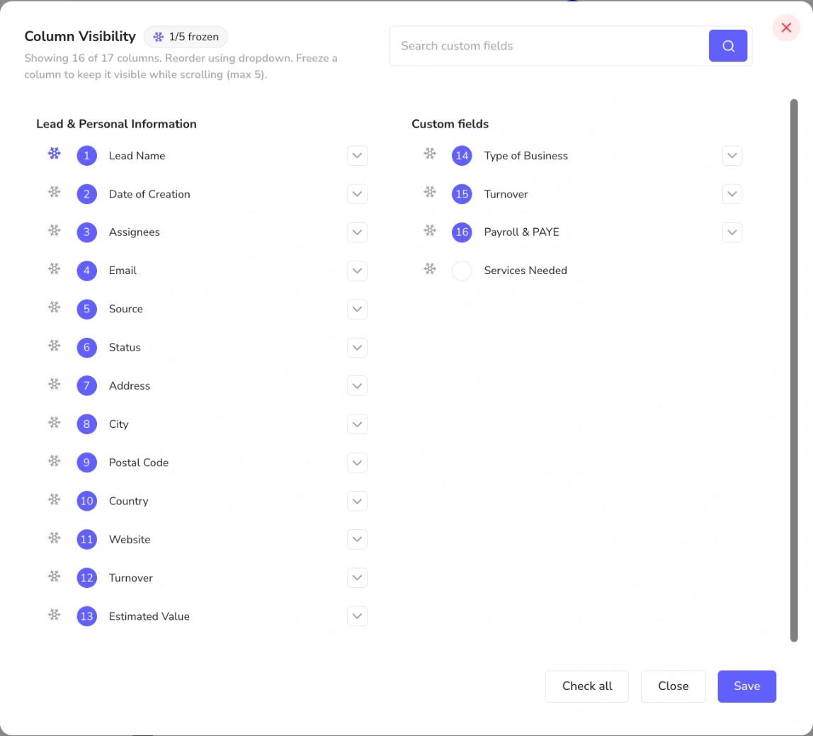 Column visibility settings for the leads table showing standard and custom fields with order numbers and freeze icons