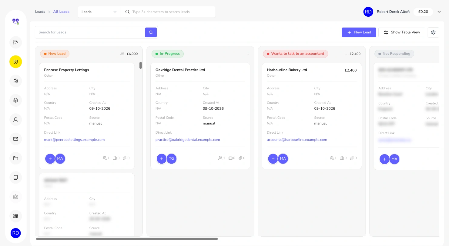 Remindoo Kanban lead pipeline with columns for New Lead, In-Progress and Wants to talk to an accountant showing lead cards and pipeline value