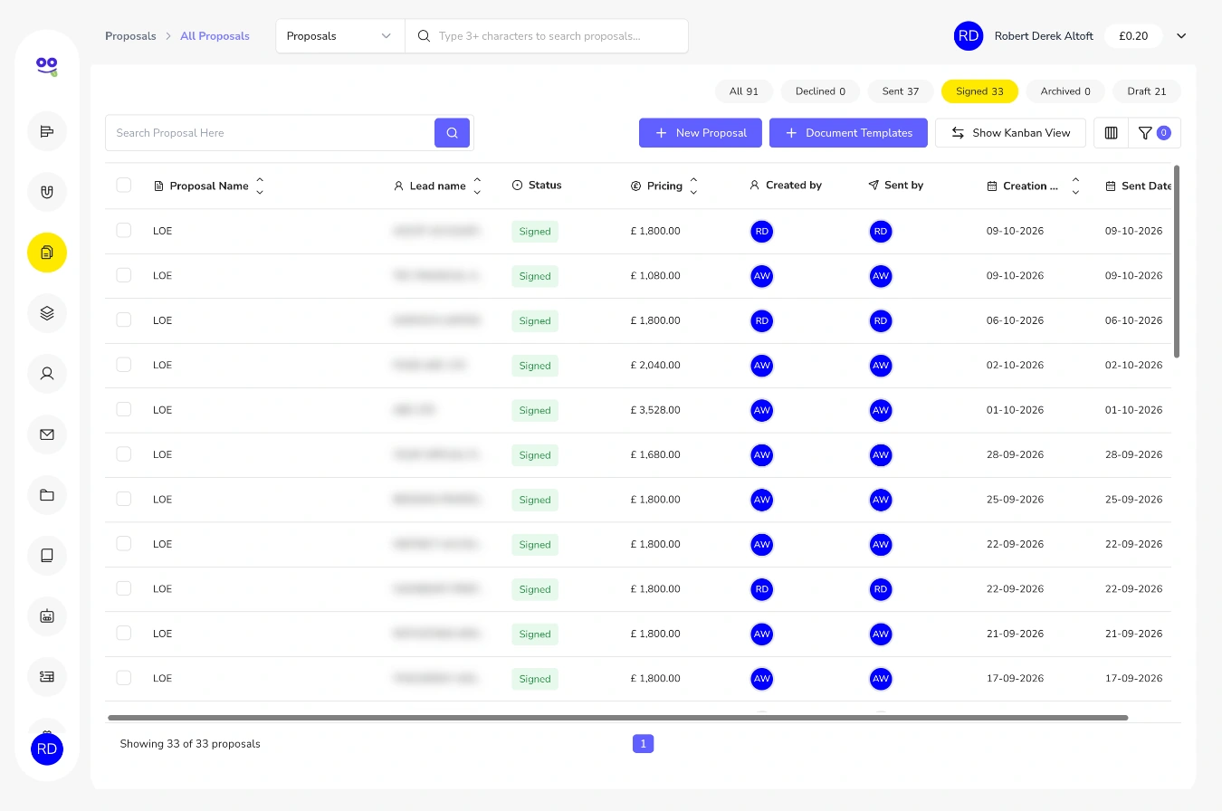 Signed proposals tab showing signed letters of engagement with fees, owners and sent dates