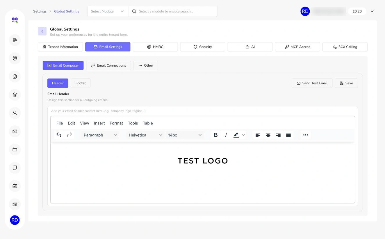 Email composer header editor with logo