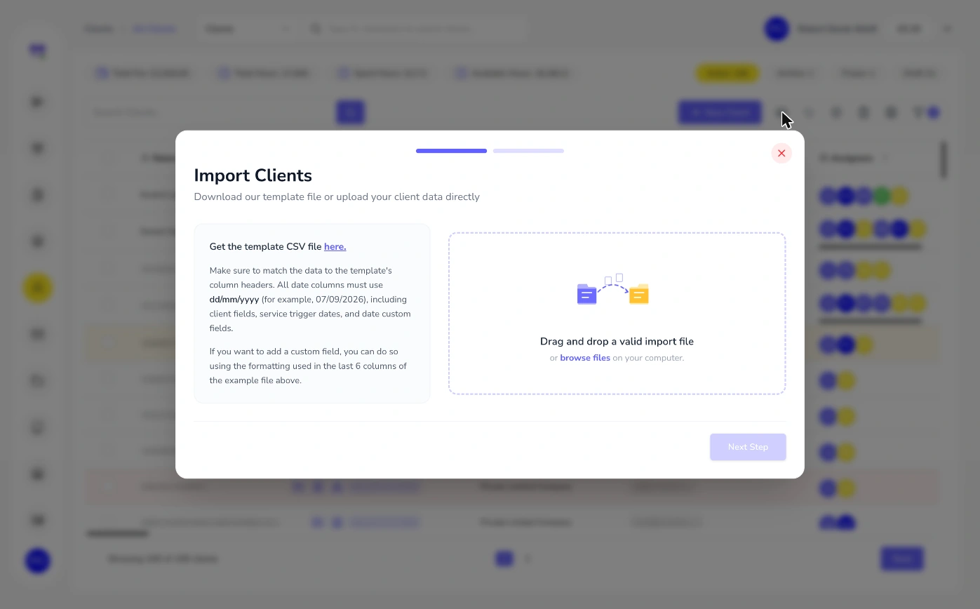 Import clients dialog with CSV template instructions and drag and drop area