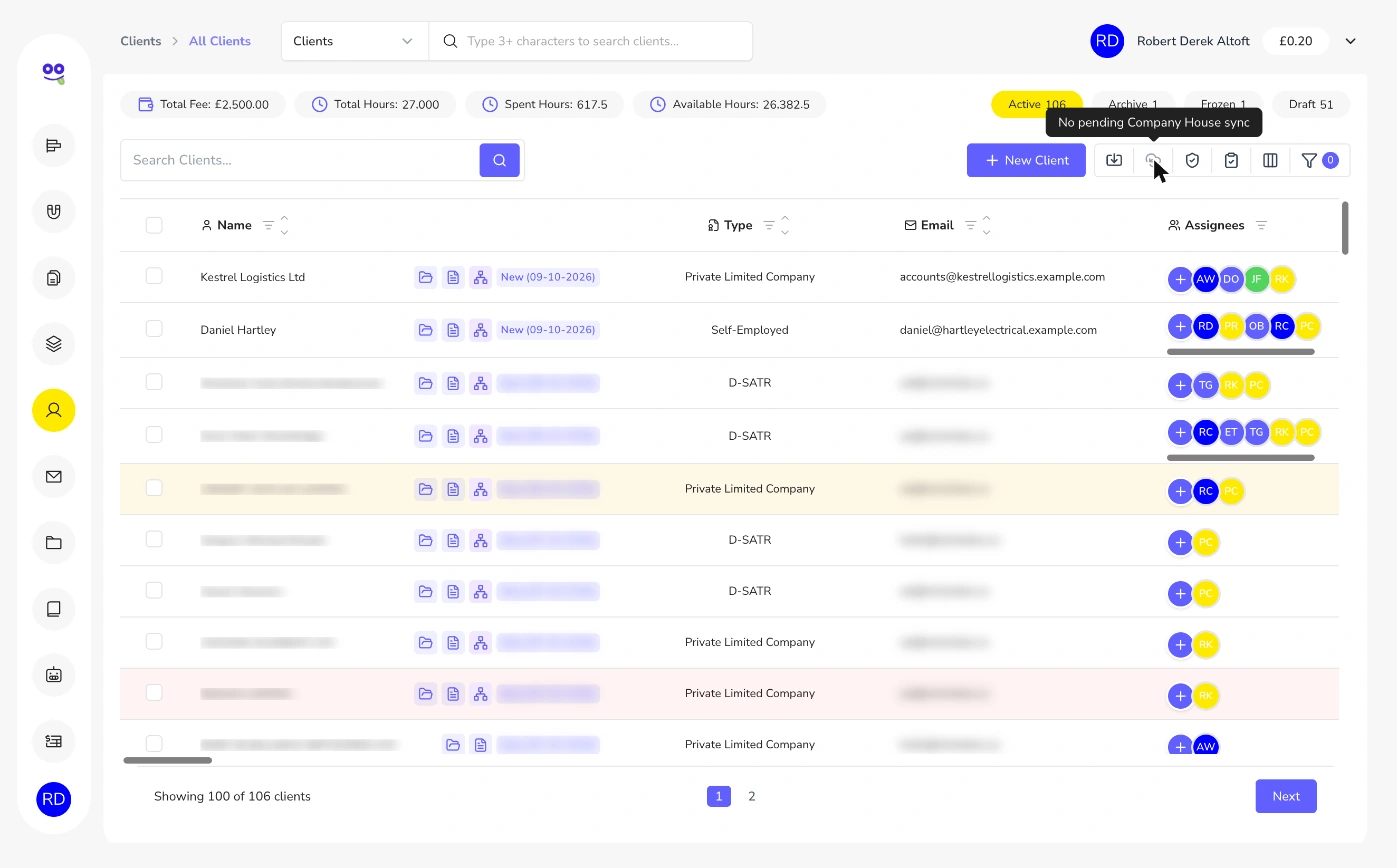 Companies House sync button showing no pending sync