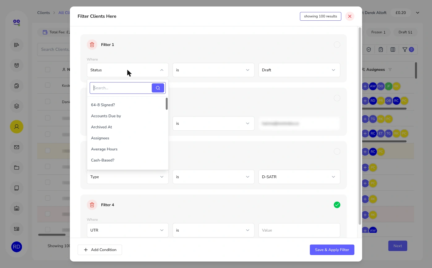 Filter field list including 64-8 signed, accounts due by, assignees and average hours