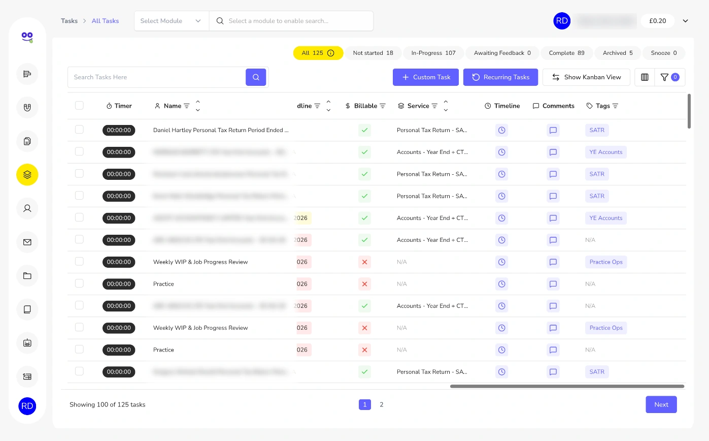 Task table with billable flag, service, timeline, comments and tags columns