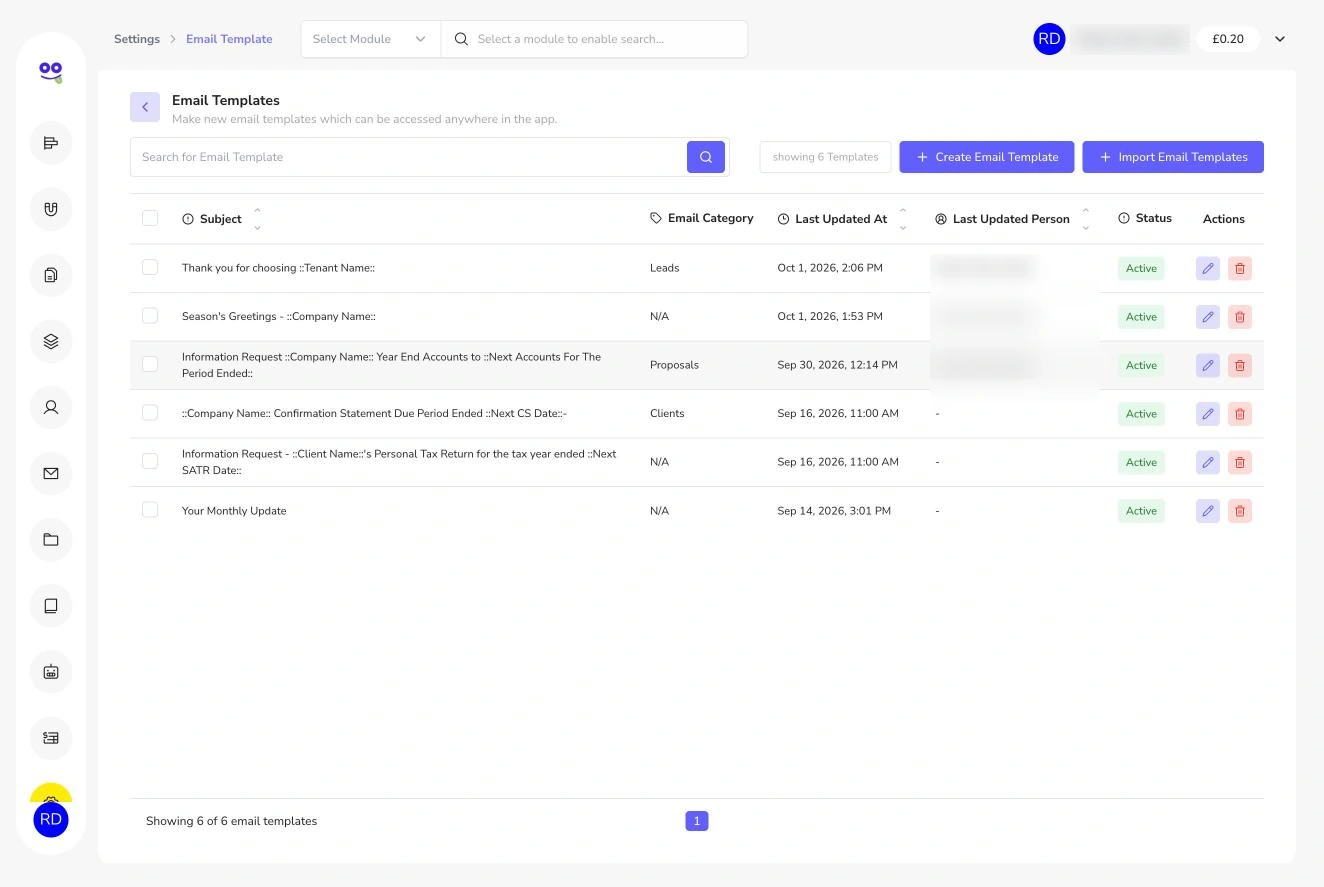 Email templates list
