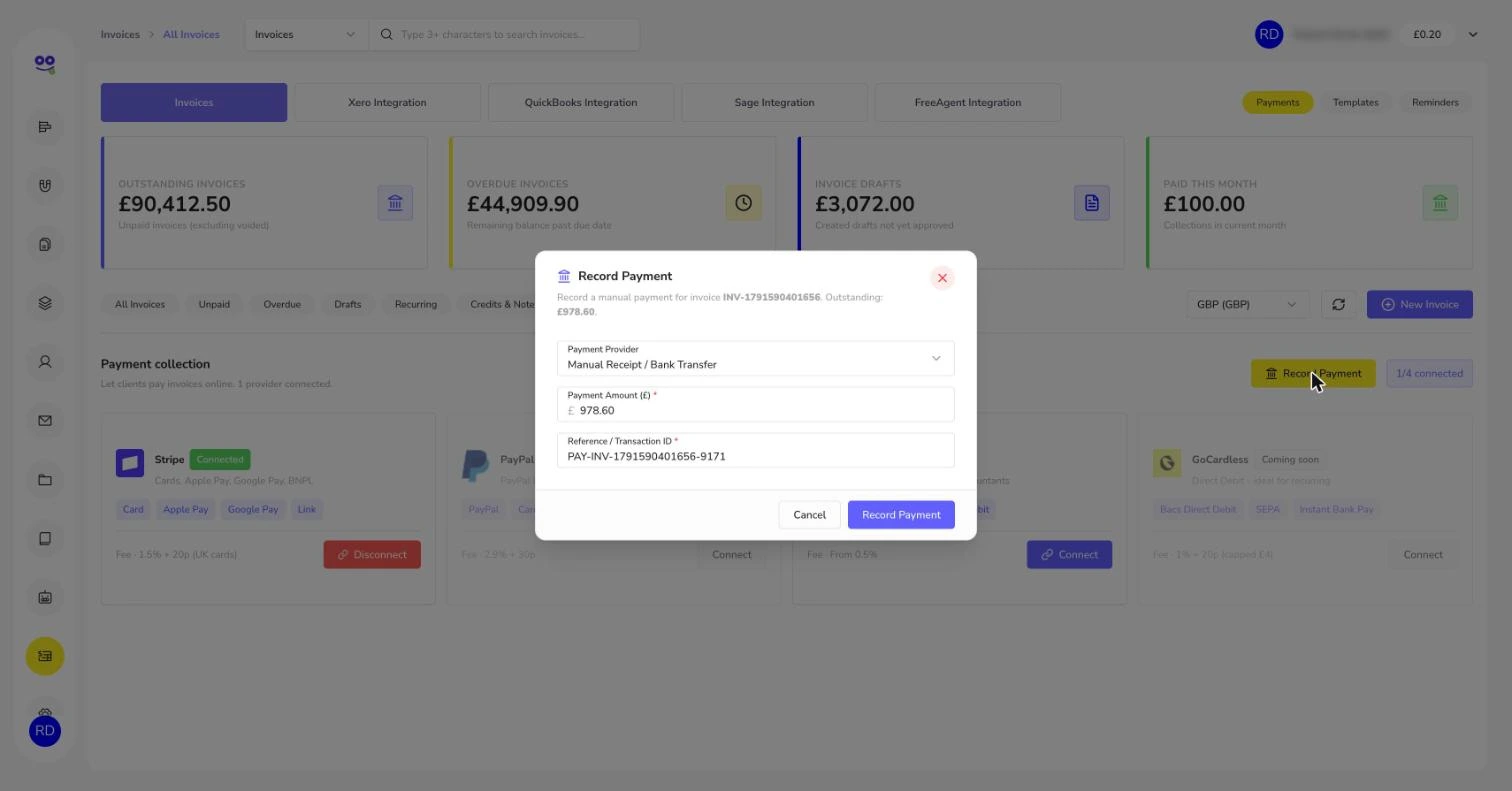 Record manual payment dialog