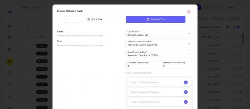 Create Detailed Task with client, service, estimated time and six selected subtasks
