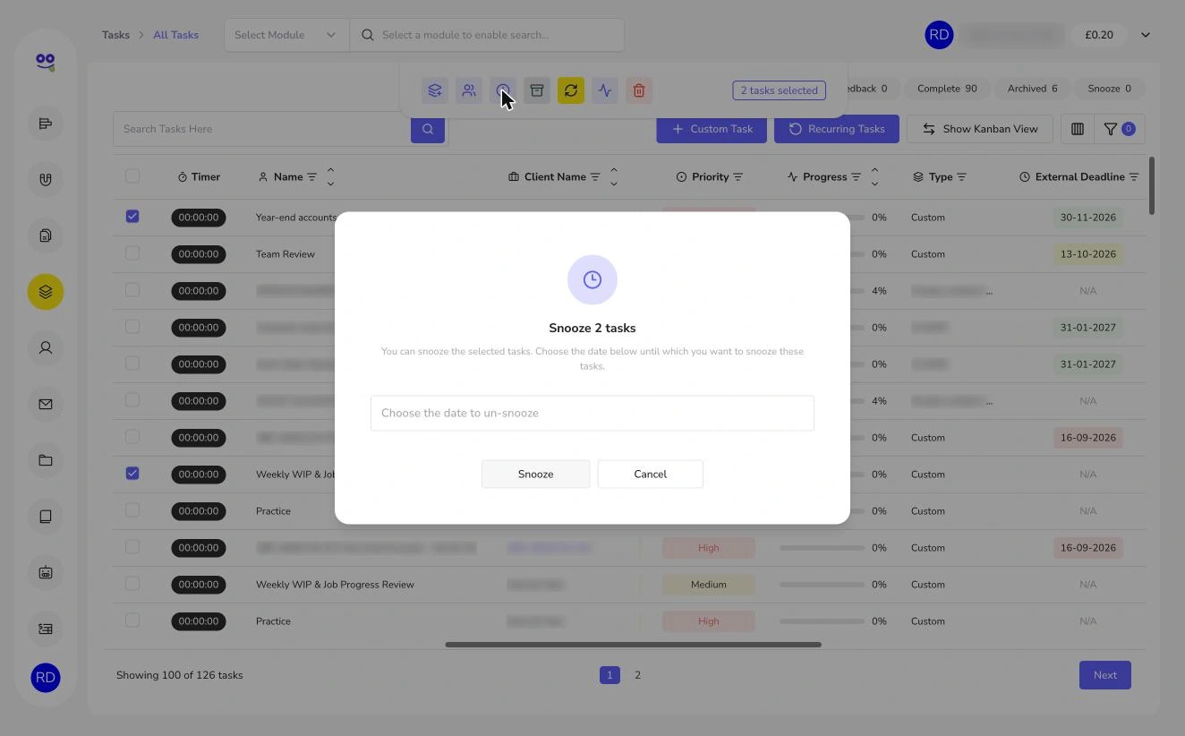 Snooze accounting task in Remindoo: Snooze two tasks dialog with un-snooze date