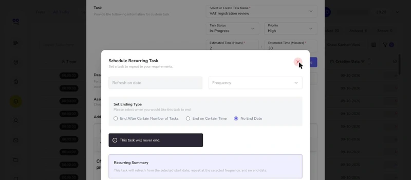 Schedule recurring task dialog with refresh date, frequency, ending type and recurring summary