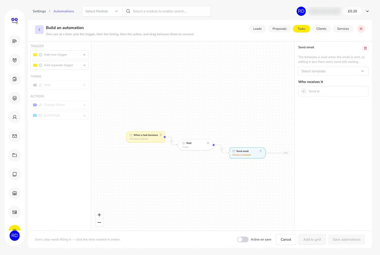 Visual automation builder with trigger, wait and send email nodes