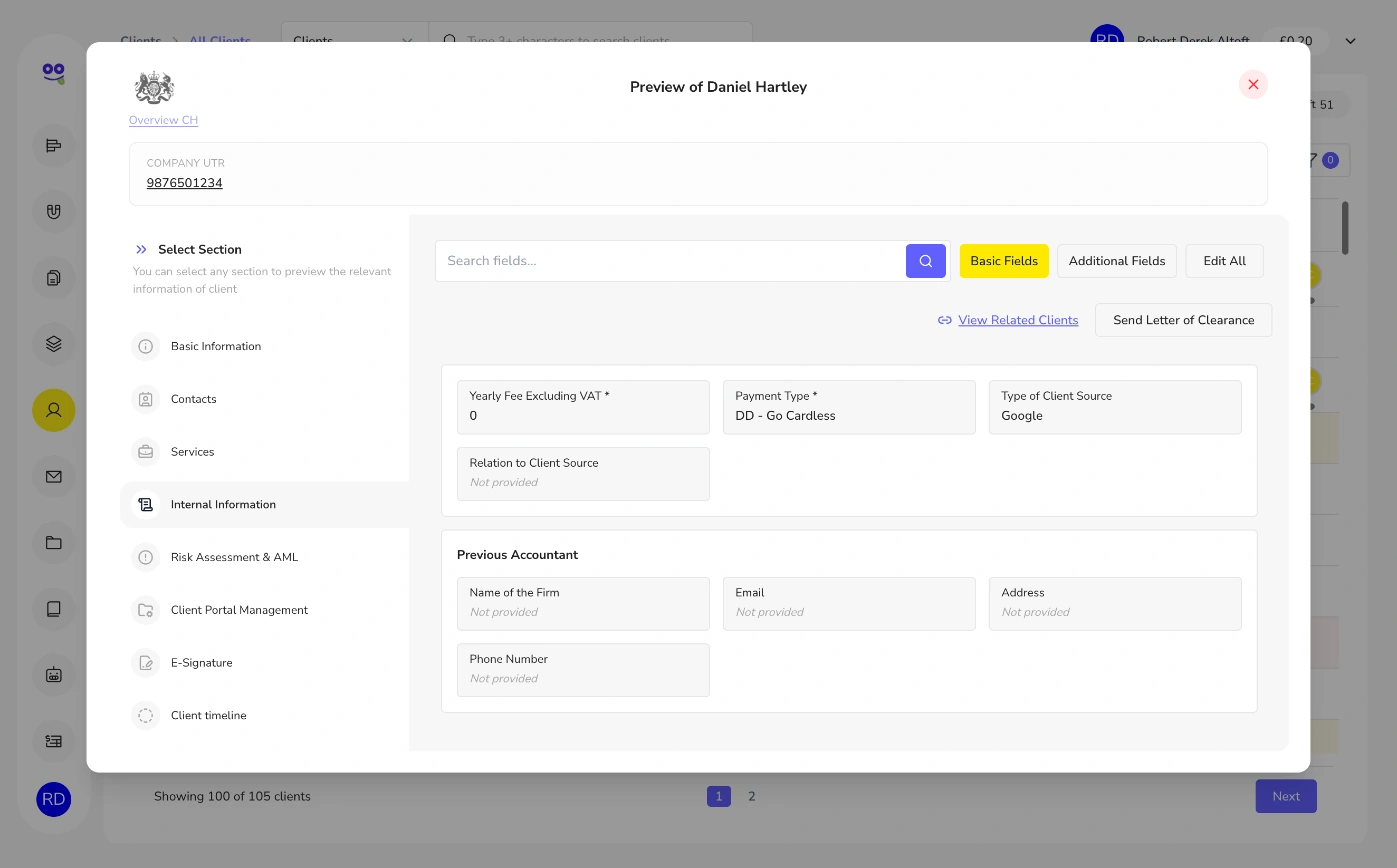 Client internal information with yearly fee, payment type and client source