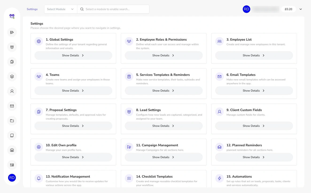 Remindoo settings hub with fifteen numbered settings areas