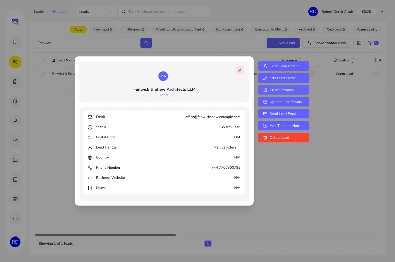 Lead quick view for a sample architects LLP with the Create Proposal button