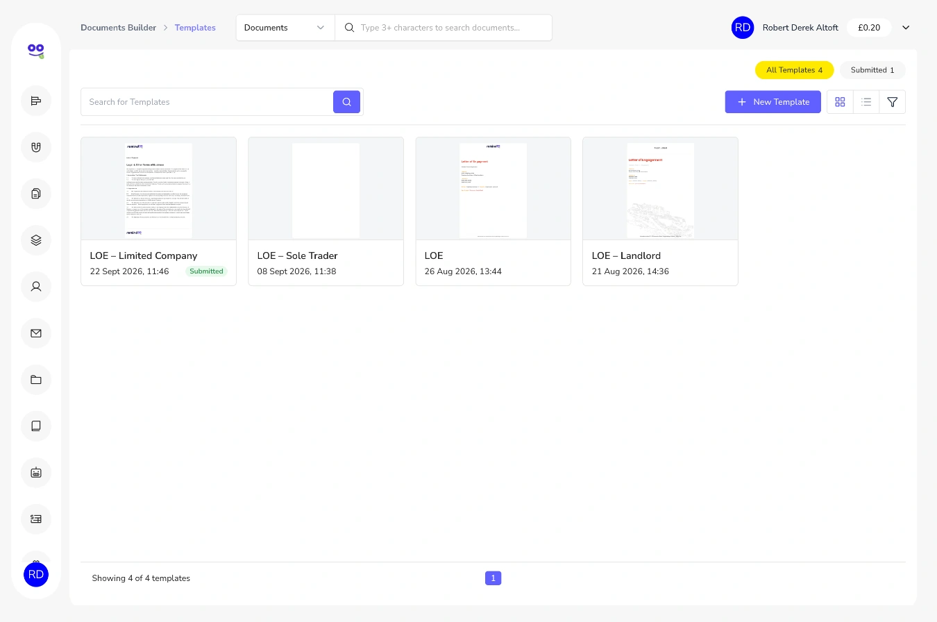 Template library grid showing letter of engagement templates with previews and submitted status