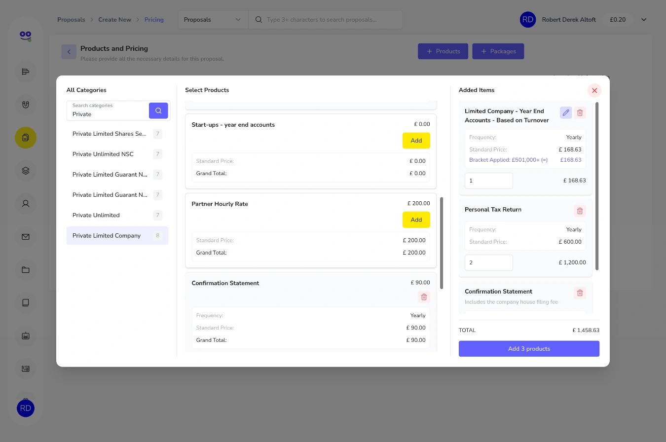 Proposal product picker with client type categories, services and added items with quantities and total