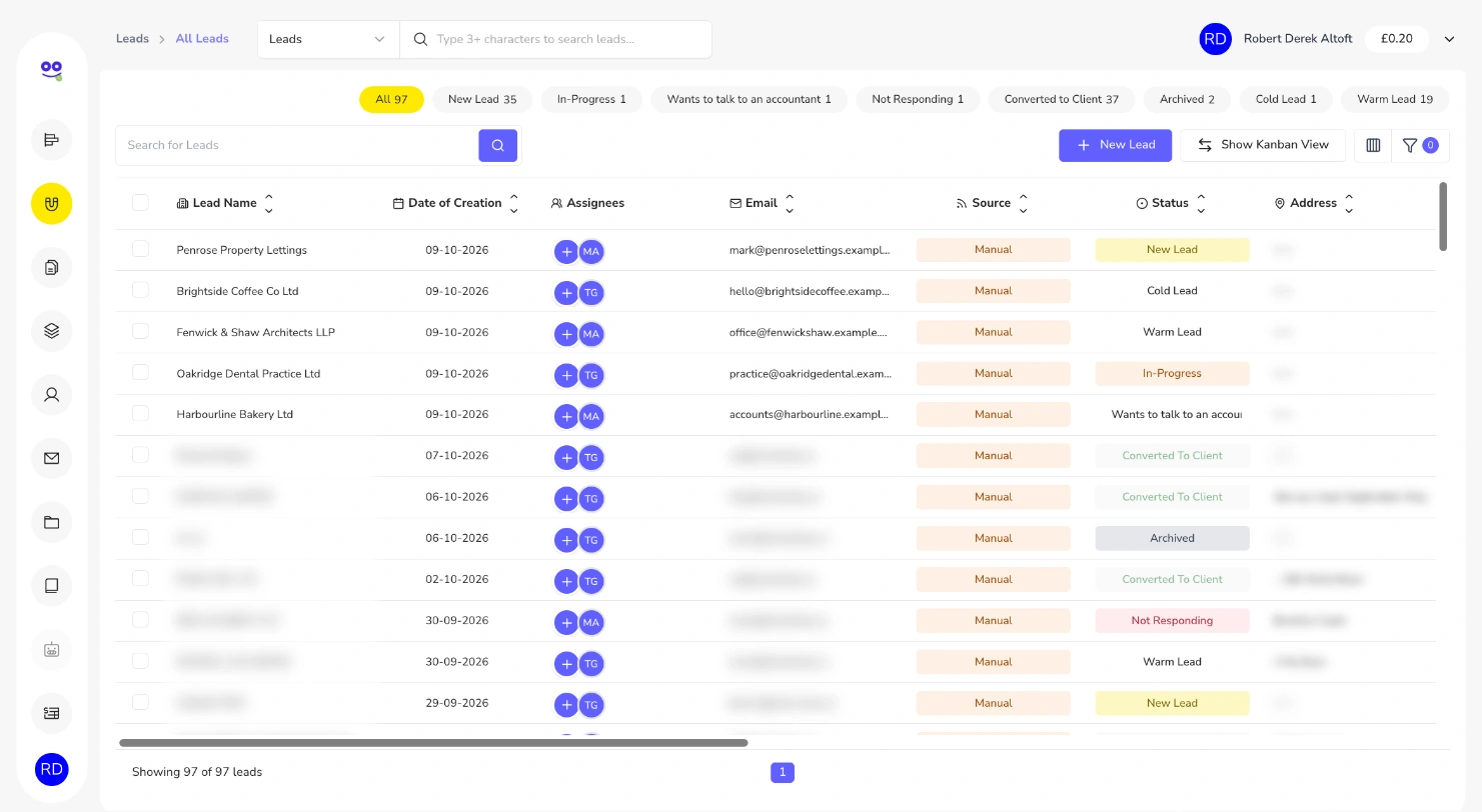 Unlimited leads and multiple assignees in Remindoo: Remindoo leads list for an accounting practice showing status tabs, lead names, assignees, emails, source and status