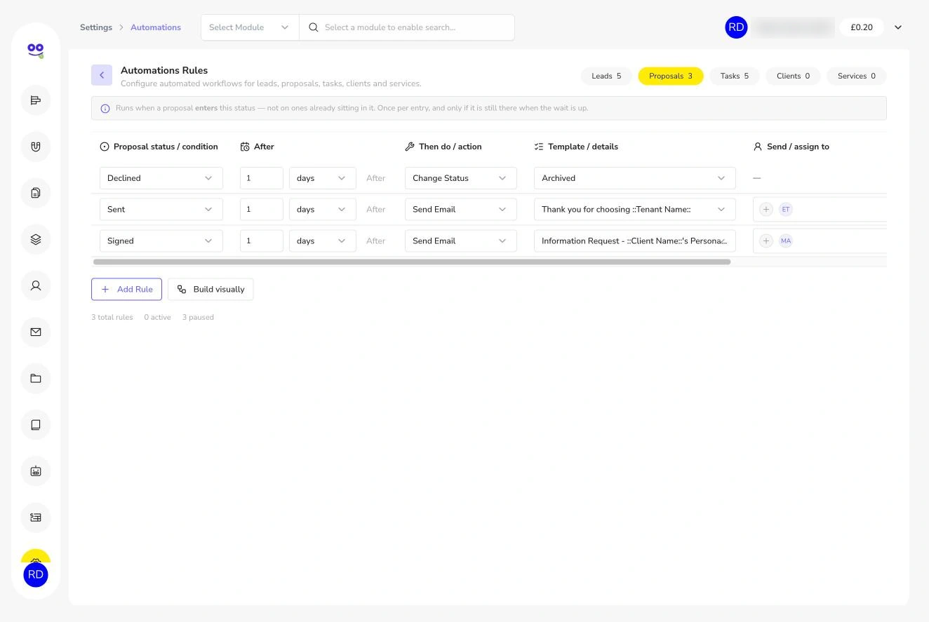 Proposal automation rules with status, wait, action and template