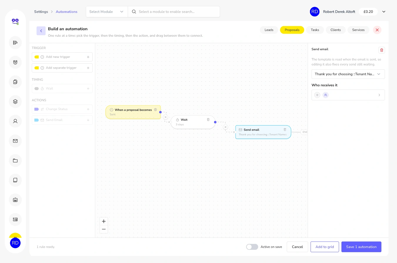 Visual automation builder showing when a proposal becomes Sent, wait 3 days, then send email