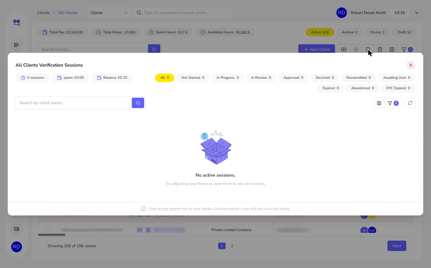 All clients verification sessions dialog