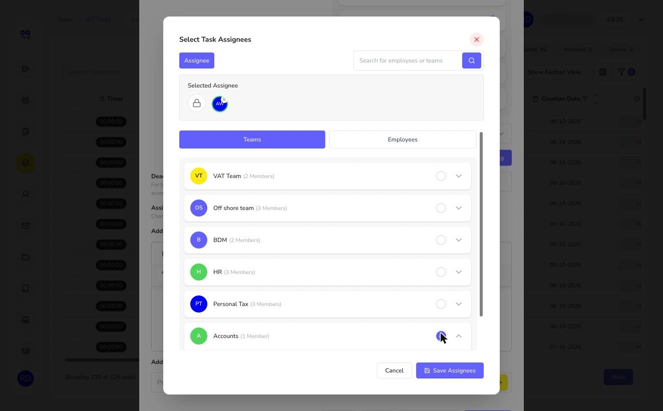 Team tagging in Remindoo: Select task assignees dialog with teams and member counts