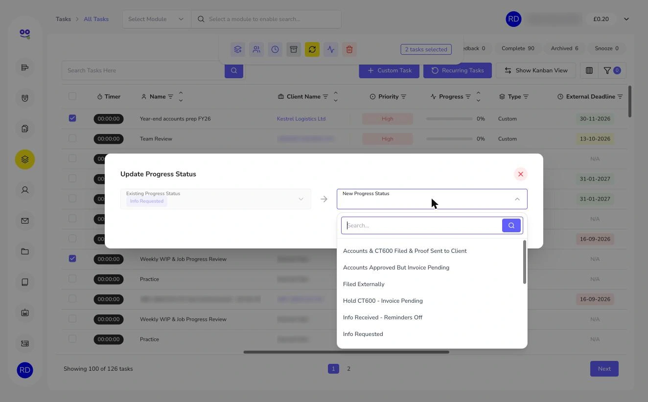 Update progress status dialog with accounts workflow stages