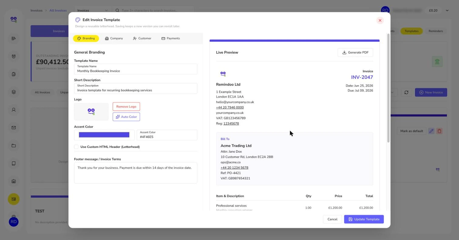 Invoice template editor with live preview