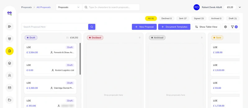 Proposal kanban board with Draft, Declined, Archived and Sent columns and proposal cards showing fees and lead names