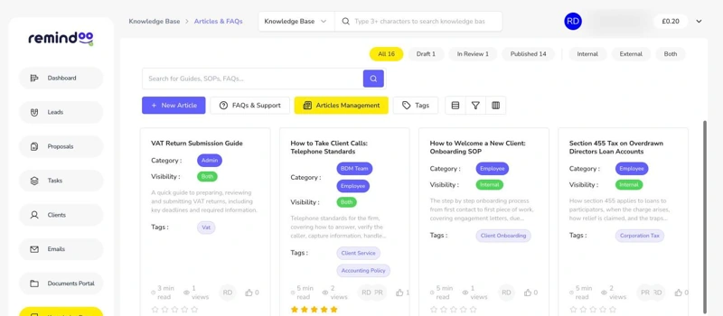 Knowledge base article cards with categories, visibility, tags and ratings