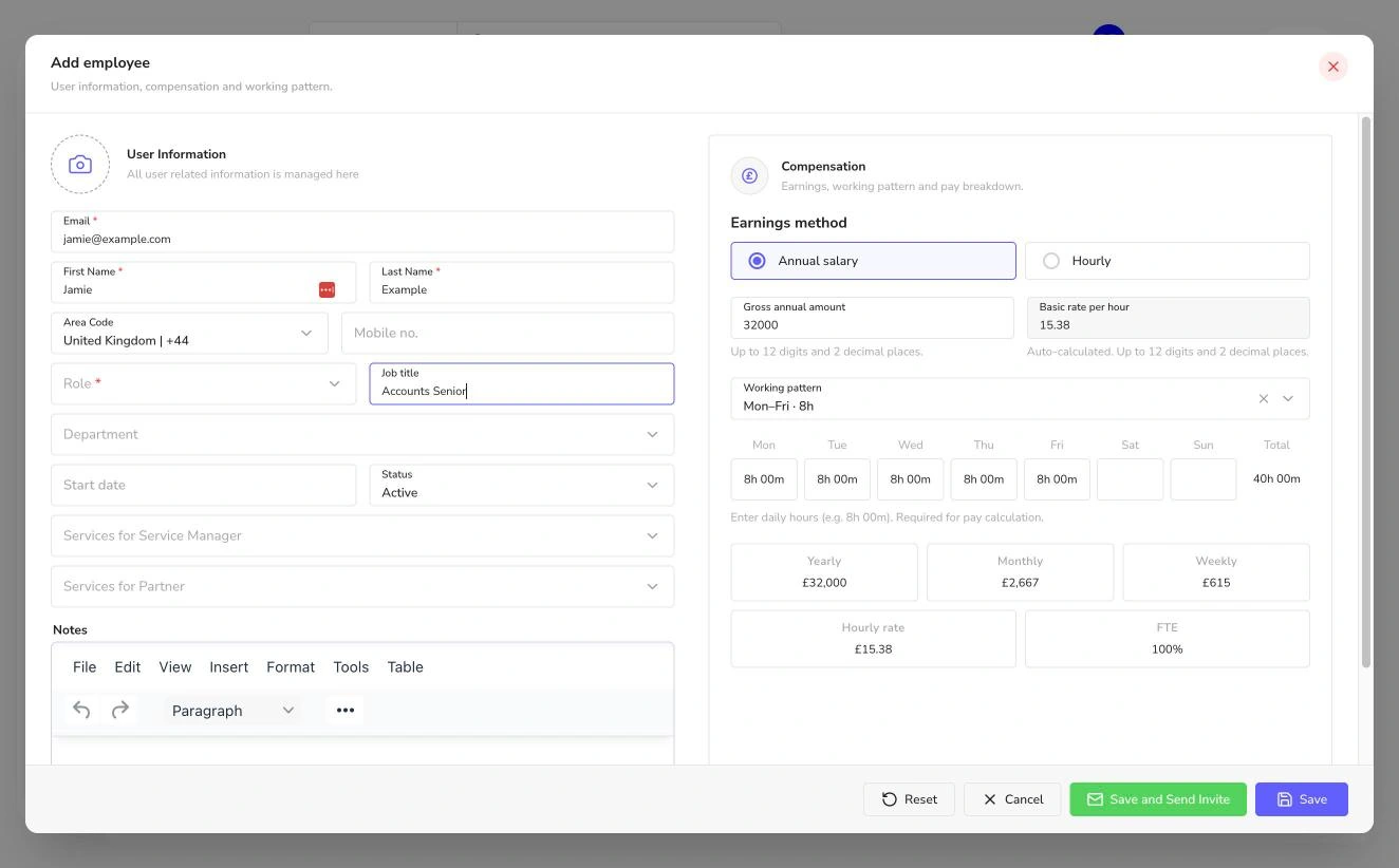 Add employee form with annual salary, working pattern, hourly rate and FTE