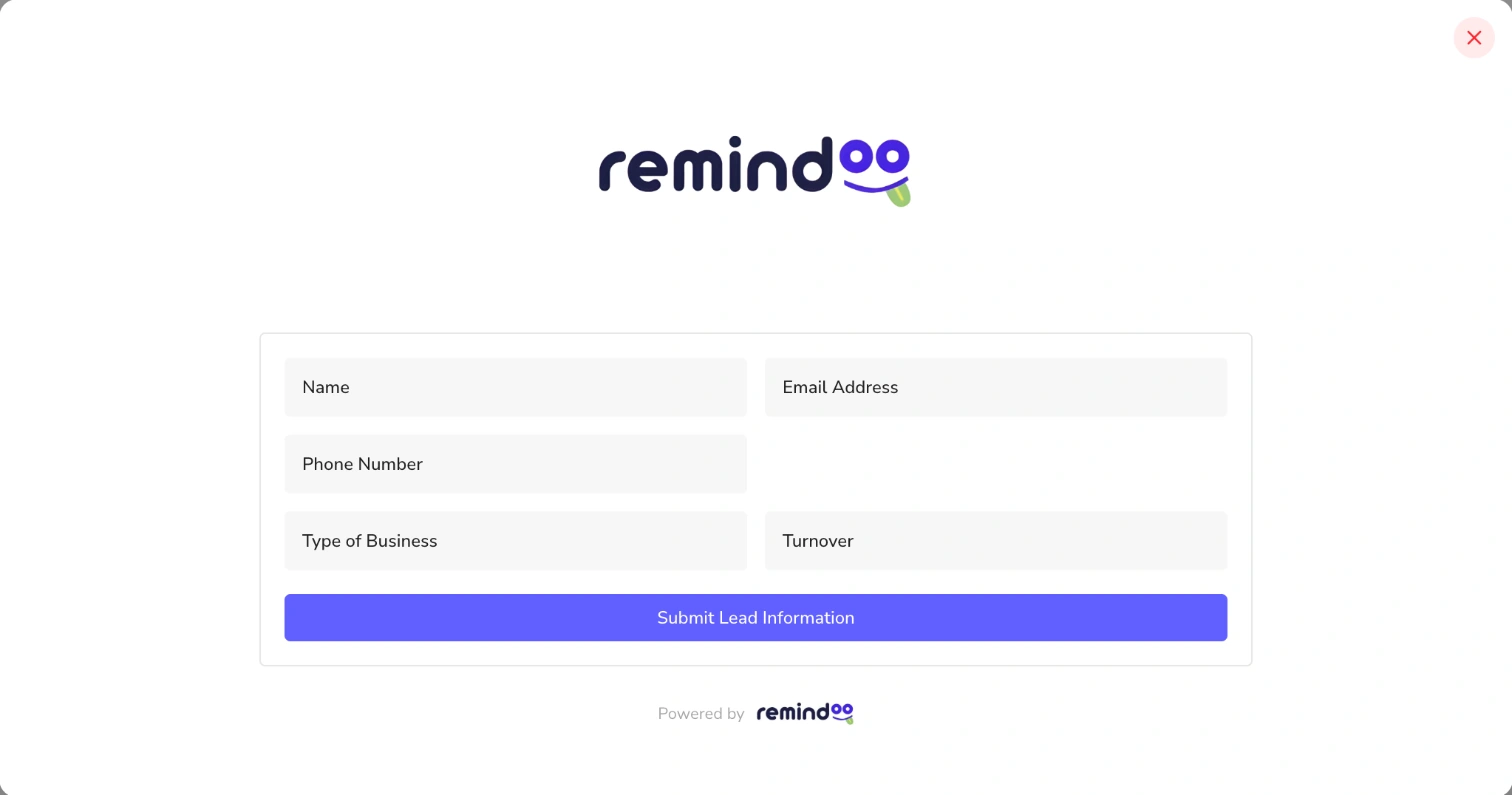 Website lead capture form with name, email, phone, type of business and turnover fields and a submit button
