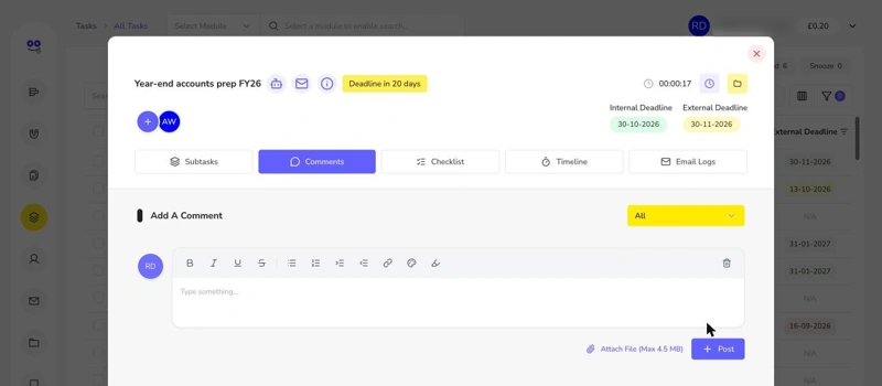 Task comments with posted note about bank statements